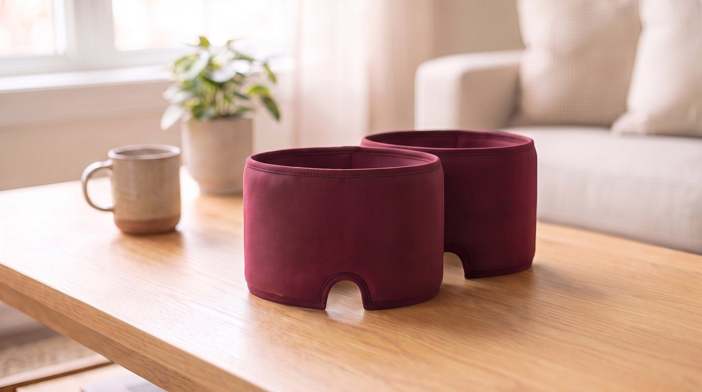 Zwei bordeauxrote Kühlkappen auf einem Holztisch