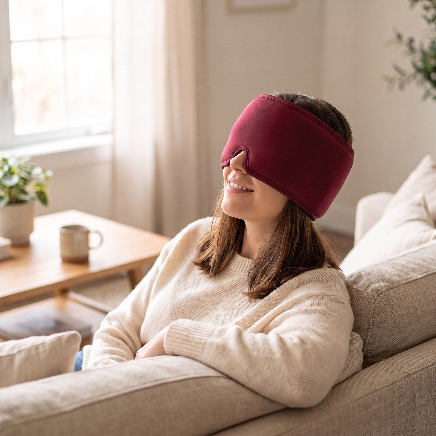 Frau entspannt mit der Kühlkappe auf dem Sofa